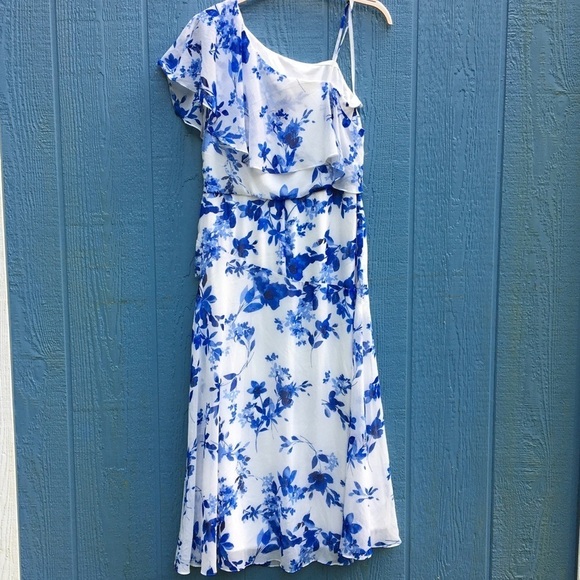 Ralph Lauren Adaleide Floral One Shoulder Midi Dress Cold White Blue Ruffle 12 - Picture 5 of 8
